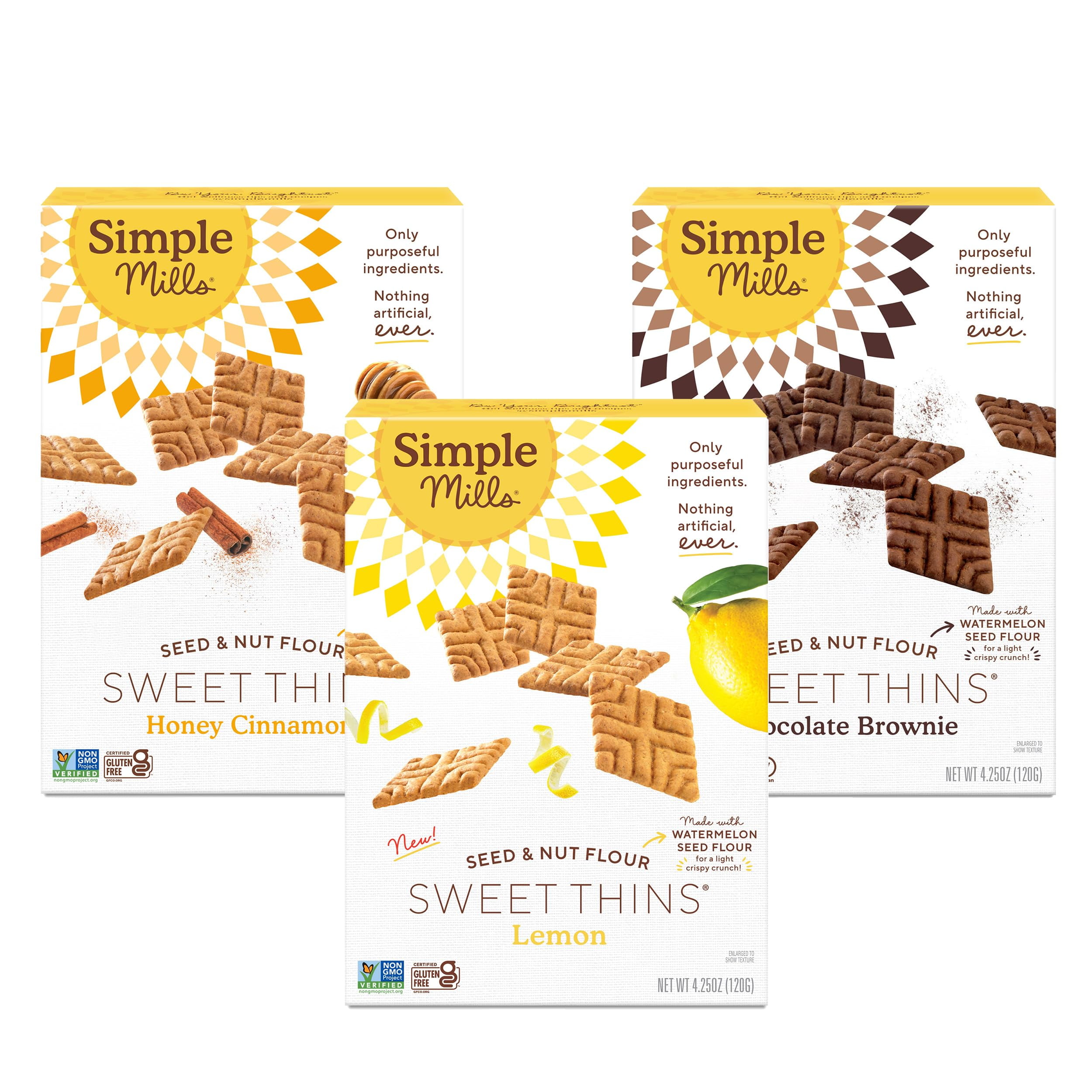 Simple Mills Sweet Thins YPF5New Cookies Variety Pack, Seed and Nut Flour (Lemon, Honey Cinnamon, Chocolate Brownie) - Gluten Free, Paleo Friendly, Healthy Snacks, 4.25 Ounce (Pack of 3)