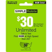 Simple Mobile $30 Unlimited Talk & text 30-Day Prepaid Plan (5GB at high speeds) + International Calling Credit Direct Top Up