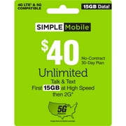 Simple Mobile $40 Unlimited Talk & text 30-Day Prepaid Plan (15GB at high speeds) + International Calling Credit Direct Top Up