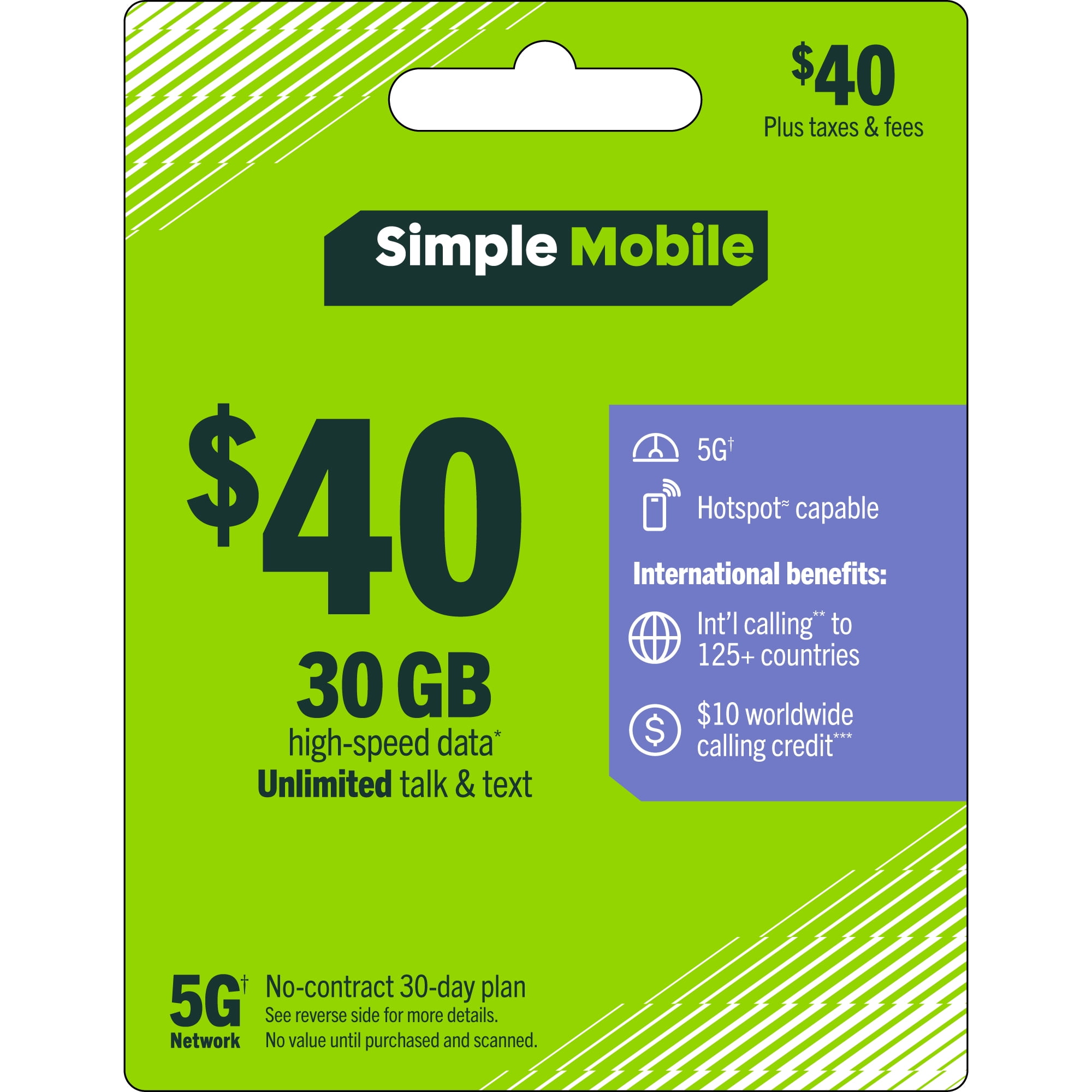 Simple Mobile $40 Unlimited Talk & text 30-Day Prepaid Plan (30GB at high speeds) + International Calling Credit e-PIN Top Up (Email Delivery)