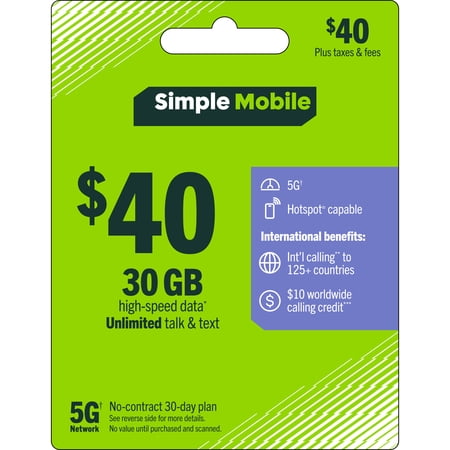 Simple Mobile $40 Unlimited Talk & text 30-Day Prepaid Plan (30GB at high speeds) + International Calling Credit e-PIN Top Up (Email Delivery)