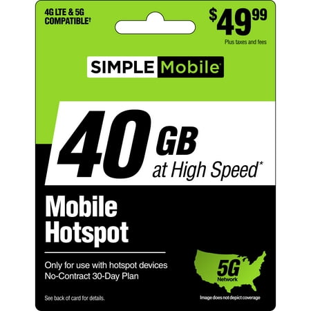 Simple Mobile $49.99 Hotspot 40GB Data 30 Day Plan e-PIN Top Up (Email Delivery)
