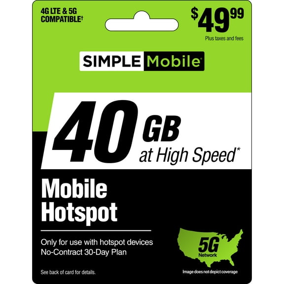 Simple Mobile $49.99 Hotspot 40GB Data 30 Day Plan e-PIN Top Up (Email Delivery)