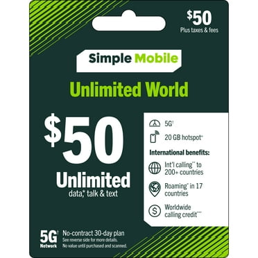 Simple Mobile $50 Unlimited World 30-Day Prepaid Plan + 20GB Mobile Hotspot & International Calling Credit Direct Top Up