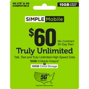 Simple Mobile $60 UNLIMITED 30-Day Prepaid Plan + 15GB Mobile Hotspot, 50GB Cloud Storage & International Calling Credit e-PIN Top Up (Email Delivery)