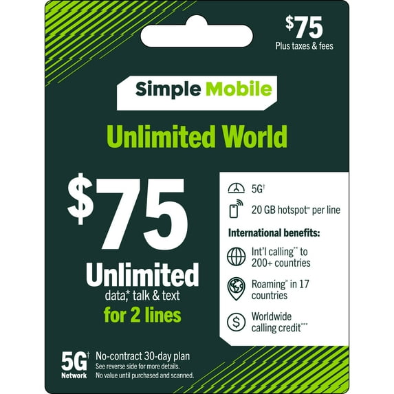 Simple Mobile $75 Unlimited World 2-Line 30-Day Prepaid plan + 5GB of Mobile Hotspot per Line e-PIN Top Up (Email Delivery)