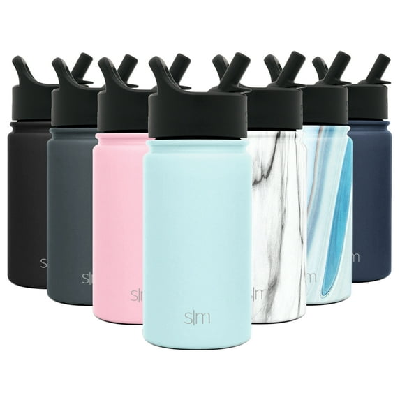 Simple Modern 14 Ounce Summit Kids Water Bottle - Travel Mug Stainless Steel Tumbler Flask +2 Lids - Wide Mouth Double Wall Vacuum Insulated blue Leakproof -Seaside