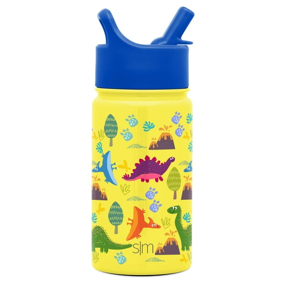 Simple Modern 14oz. Summit Kids Water Bottle Thermos with Straw Lid - Dishwasher Safe Vacuum Insulated Double Wall Tumbler Travel Cup 18/8 Stainless Steel -Sunshine Dino