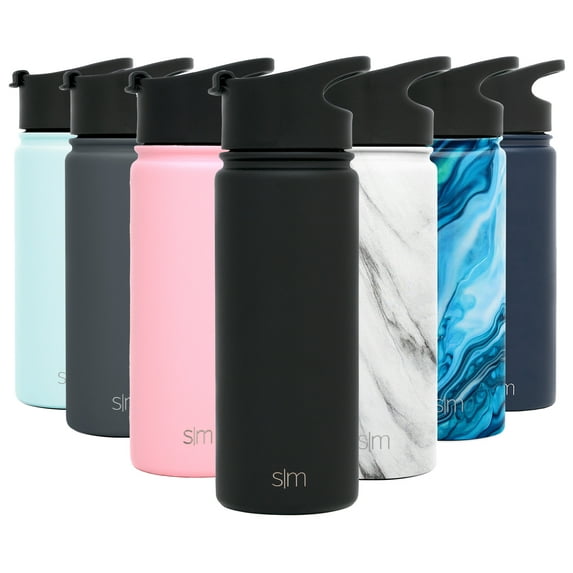 Simple Modern 18 Ounce Summit Sports Water Bottle - Travel Mug Stainless Steel Tumbler Flask +2 Lids - Wide Mouth Double Wall Vacuum Insulated Black Leakproof - Midnight Black