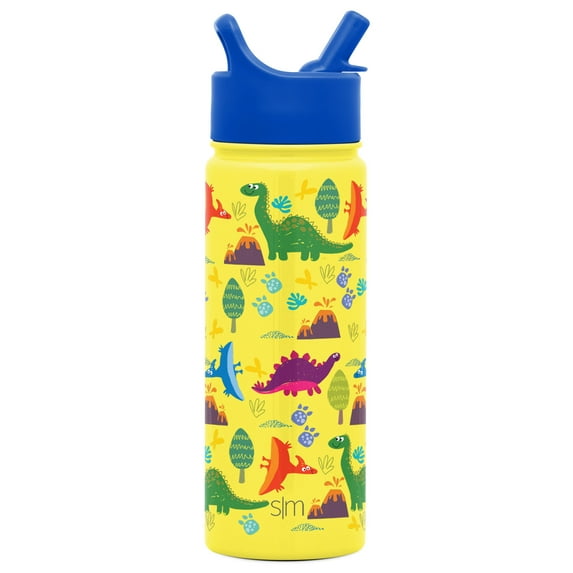 Simple Modern 18oz. Summit Kids Water Bottle Thermos with Straw Lid - Dishwasher Safe Vacuum Insulated Double Wall Tumbler Travel Cup 18/8 Stainless Steel -Sunshine Dino