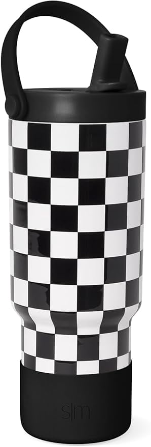 Simple Modern 24 fl oz Insulated Stainless Steel Trek Pivot Tumbler with Straw Lid, Top Handle and Boot|Black and White Checkmate