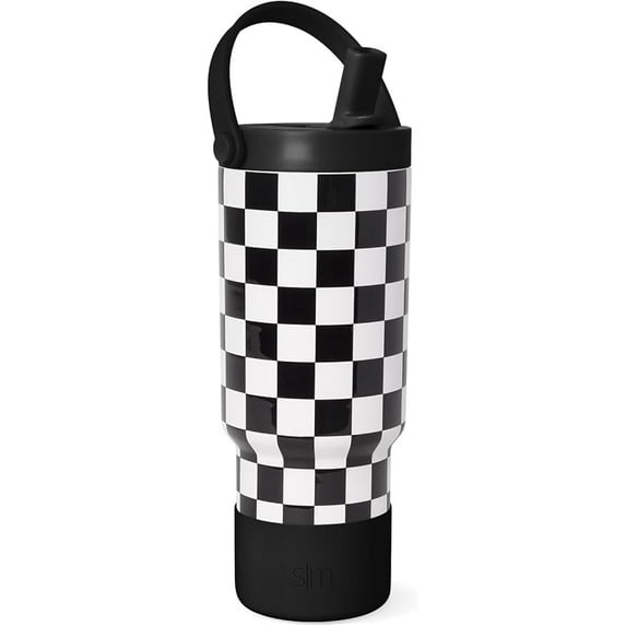 Simple Modern 24 fl oz Insulated Stainless Steel Trek Pivot Tumbler with Straw Lid, Top Handle and Boot|Black and White Checkmate