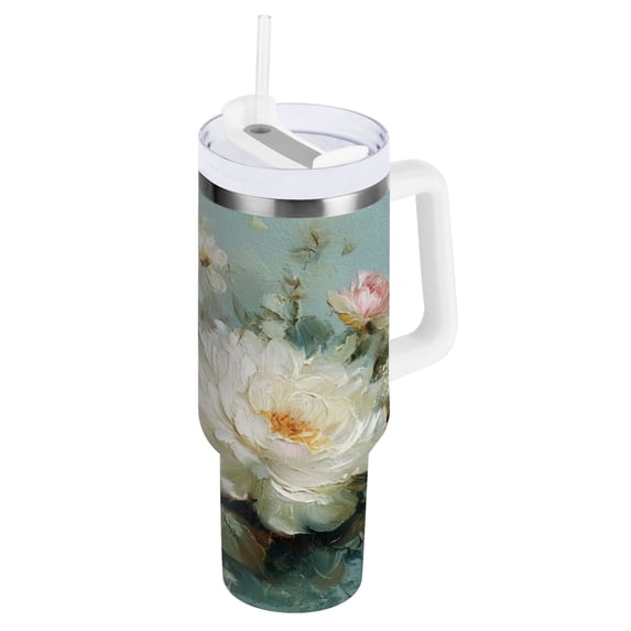 Simple Modern 30 oz Insulated Stainless Steel Tumbler Double Wall Stainless Steel Tumbler with 2-Way Drinking Vintage Peonies and Daisies
