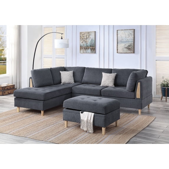 Simple Modern 3pc Sectional Set Charcoal Chenille Fabric Corner Sectional Sofa Reversible L/R Chaise and Ottoman Living Room