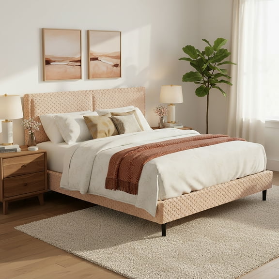 Simple Modern Camel Plush Soft Bed Comfortable Backrest Bedroom Bed,Queen