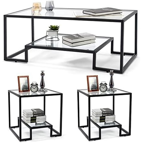Simple Modern Glass 3-Piece Table Set, Includes Coffee Table and 2 End Tables, Black