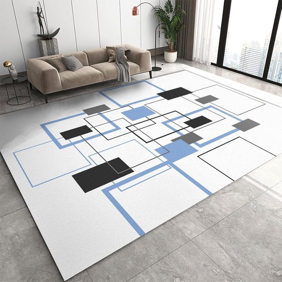 Simple Modern Living Room Carpet Light Blue Black Gray Rectangular Geometric Carpet Non-slip Foldable Easy To Wash Non-linting Floor Mat Suitable For Bedroom Corridor Classroom 1x2ft