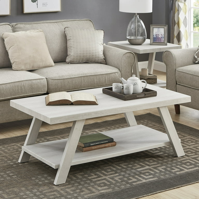 Simple Modern Open Design Rectangular Center Table with Storage Shelf 2 Tier Solid MDF Coffee Table Farmhouse Coffee Table for Living Room Easy