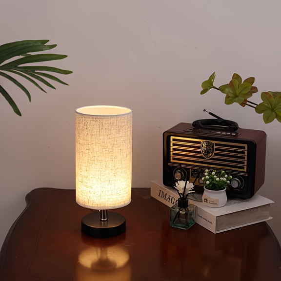 Simple Modern Round Linen Shade LED Bedside Table Lamp, Soft Ambient Nightstand Decor Light for Bedroom, Study, Indoor Home Ornamental Lighting