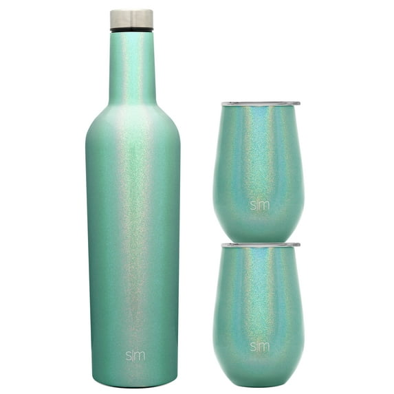 Simple Modern Spirit Wine Bundle - 2 12 Ounce Wine Tumbler Glasses with Lids & 1 Wine Bottle - Vacuum Insulated 18/8 Stainless Steel Shimmer: Aquamarine