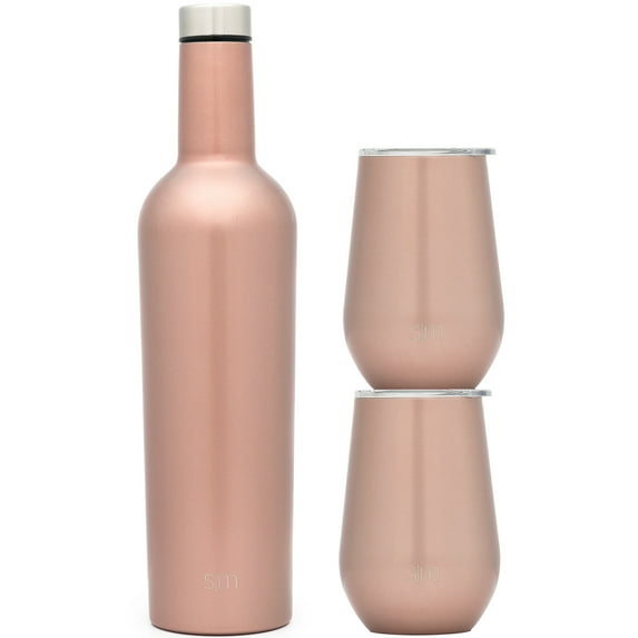 Simple Modern Spirit Wine Bundle - 2, 12 oz Wine Tumbler Glasses with Lids & 1 Wine Bottle - Vacuum Insulated 18/8 Stainless Steel -Rose Gold