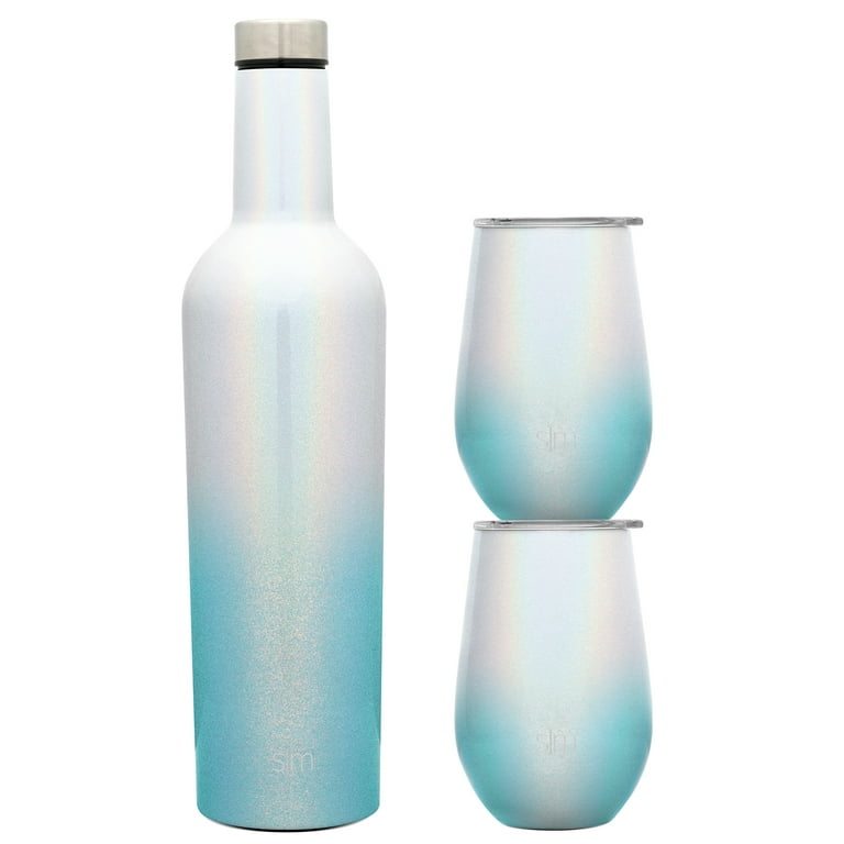 Simple Modern Spirit Wine Bundle - 2 12Ounce Wine Tumbler Glasses with Lids  & 1 Wine Bottle - Vacuum Insulated 18/8 Stainless Steel Shimmer: Diamond  Turquoise 