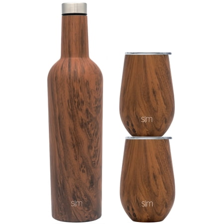 Simple Modern Spirit Wine Bundle - 2 12oz. Wine Tumbler Glasses with Lids & 1 Wine Bottle - Vacuum Insulated 18/8 Stainless Steel Pattern: Wood Grain