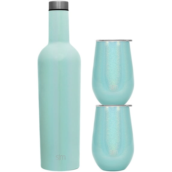 Simple Modern Spirit Wine Bundle - 2 12oz. Wine Tumbler Glasses with Lids & 1 Wine Bottle - Vacuum Insulated 18/8 Stainless Steel Shimmer: Aqua Aura
