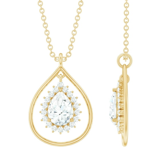 Rosec Jewels Certified Moissanite Teardrop Pendant Necklace - with Chain - D-VS1 Quality - Ready to Gift with Jewelry Box, 14K Yellow Gold