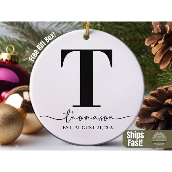 Simple Monogram Christmas Ornament, Modern Family Name Est. Keepsake, Custom Initial Ornament Gift for Newlyweds Housewarming Gifts Under 30