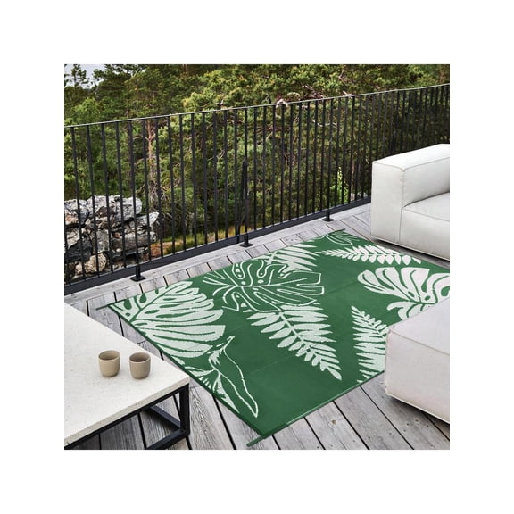 Simple Monstera (Green) Outdoor Plastic Straw Rug Leaf Pattern Waterproof Patio Deck Balcony Mat Reversible Washable