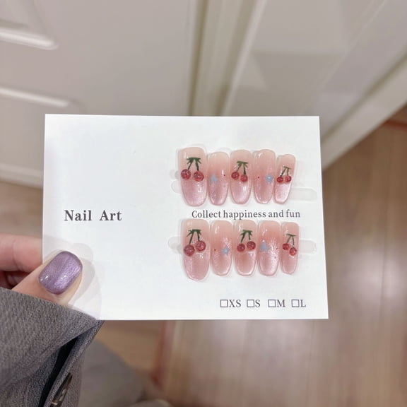 Simple Nail Art Nail Piece Wear Nail New Spring Fresh Cat's Eye Wear Handmade Cherry Daily Wear Nails