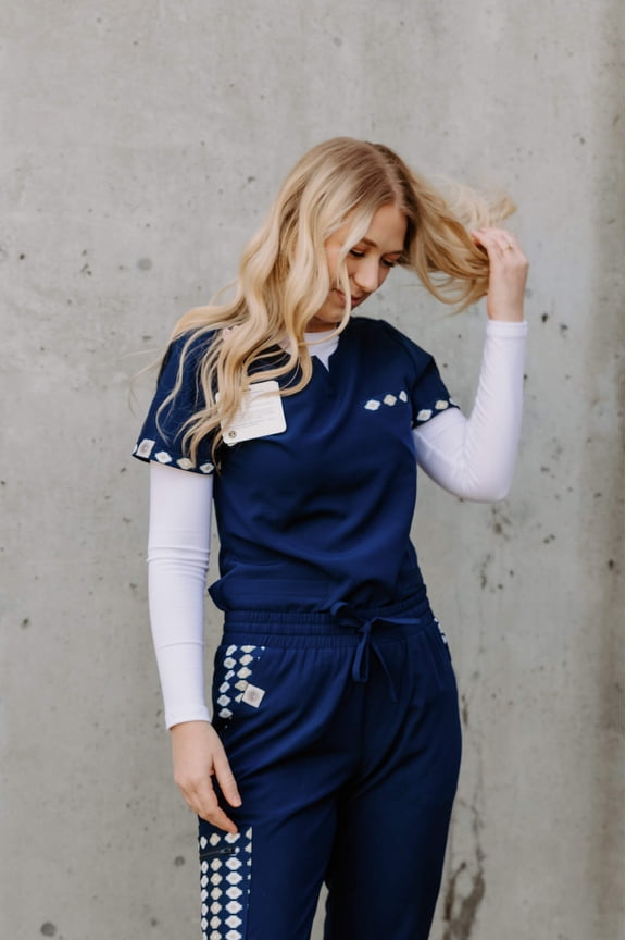 Women's scrub top, Western, Workwear, Uniform, Scrub Sets, Spurrin' Scrubs-Simple Navy Aztec Top