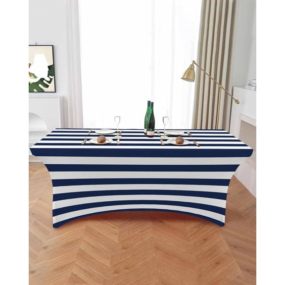 Simple Navy Blue White Stripes Spandex Table Cover,Fitted Tablecloth for 8ft Rectangle Table Washable Elastic Stretch Tablecloths,Nautical Theme Stripe Table Cloth for Party