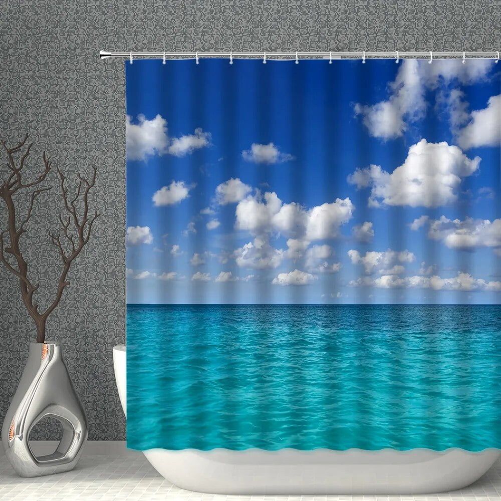 Simple Ocean Shower Curtain Set Seascape Blue Seawater Bath Curtains Waterproof Fabric Bathroom