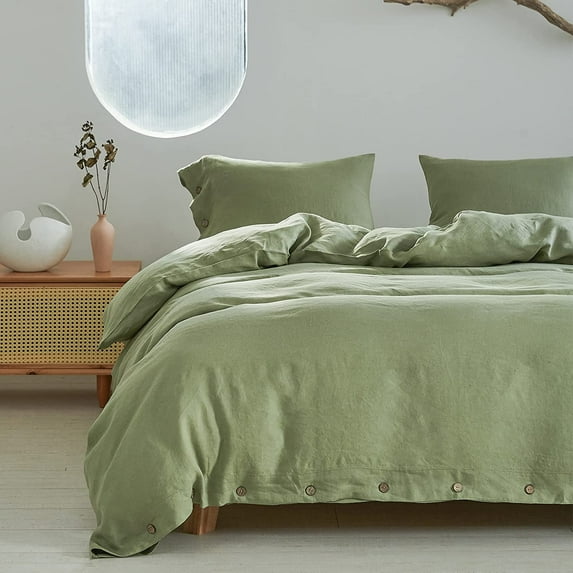 Simple&Opulence 100% Belgian Flax Linen Duvet Cover King Size -3 Pieces - Natural Flax French Country Bedding Set - Breathable Farmhouse Comforter Cover with Coconut Button Closure - Olive Green