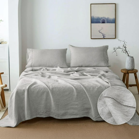Simple&Opulence 100% Belgian Linen Sheet Set Handmade Hemstitch Light Grey Twin Size Bed Sheet-3 Pieces(1 Flat Sheet+1 Fitted Sheet+1 Pillowcase)-Natural Flax Farmhouse Bedding