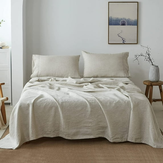 Simple&Opulence 100% Belgian Linen Sheet Set Handmade Hemstitch Linen Queen Size Bed Sheet-4 Piece (1 Flat Sheet+1 Fitted Sheet+2 Pillowcases)-Natural Flax Farmhouse Bedding