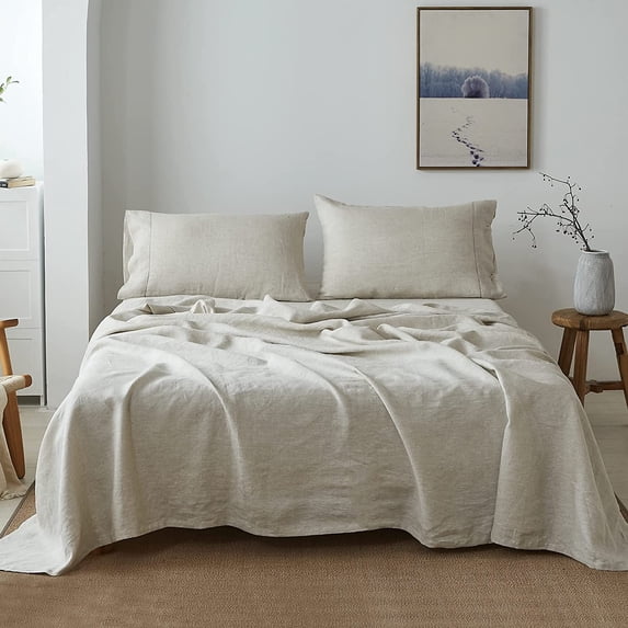 Simple&Opulence 100% Belgian Linen Sheet Set Handmade Hemstitch Linen Twin Size Bed Sheet-3 Piece (1 Flat Sheet+1 Fitted Sheet+1 Pillowcase)-Natural Flax Farmhouse Bedding