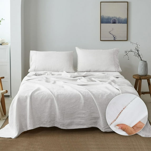 Simple&Opulence 100% Belgian Linen Sheet Set Handmade Hemstitch White Full Size Bed Sheet-4 Piece (1 Flat Sheet+1 Fitted Sheet+2 Pillowcases)-Natural Flax Farmhouse Bedding