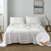 Simple&Opulence 100% Belgian Linen Sheet Set Handmade Hemstitch White King Size Bed Sheet-4 Piece 1 Flat Sheet+1 Fitted Sheet+2 Pillowcases-Natural Flax Farmhouse Bedding
