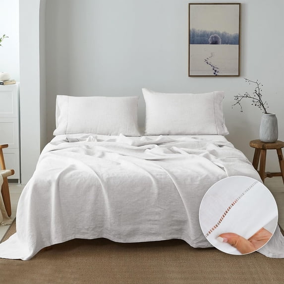 Simple&Opulence 100% Belgian Linen Sheet Set Handmade Hemstitch White Queen Size Bed Sheet-4 Piece (1 Flat Sheet+1 Fitted Sheet+2 Pillowcases)-Natural Flax Farmhouse Bedding