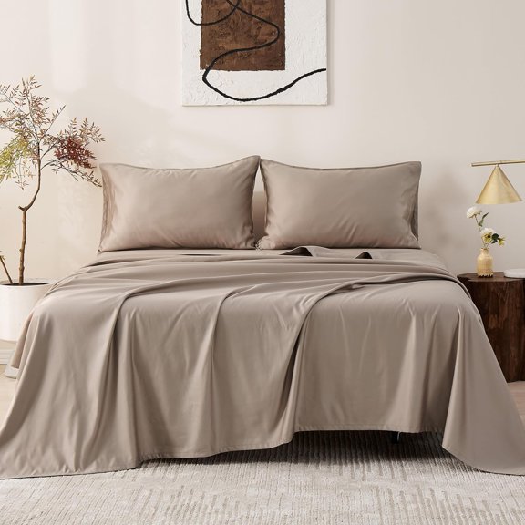 Simple&Opulence 100% Cotton 1000 Thread Count Calking Sheets -4 Pc Long Staple Pure Soft Sateen Weave Set-16” Deep Pocket Cooling Luxurious Silky Bed Sheet (Taupe, California King)