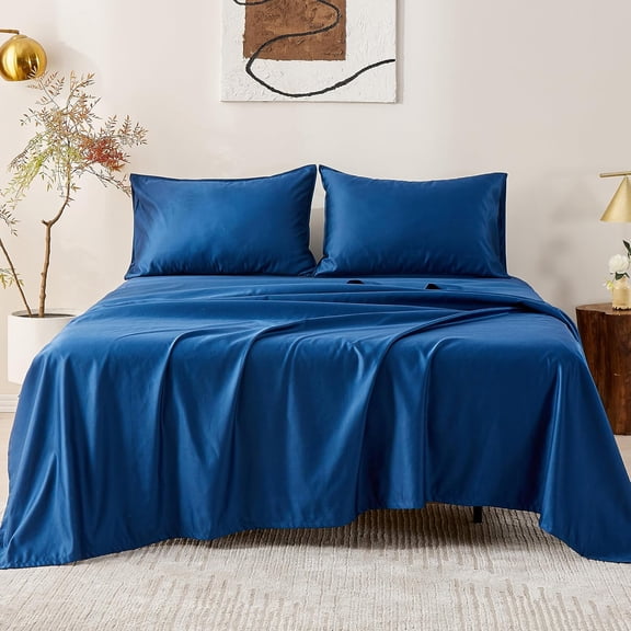 Simple&Opulence 100% Cotton 1000 Thread Count King Sheets -4 Pc Long Staple Pure Soft Sateen Weave Set-16” Deep Pocket Cooling Luxurious Silky Bed Sheet (Navy, King)
