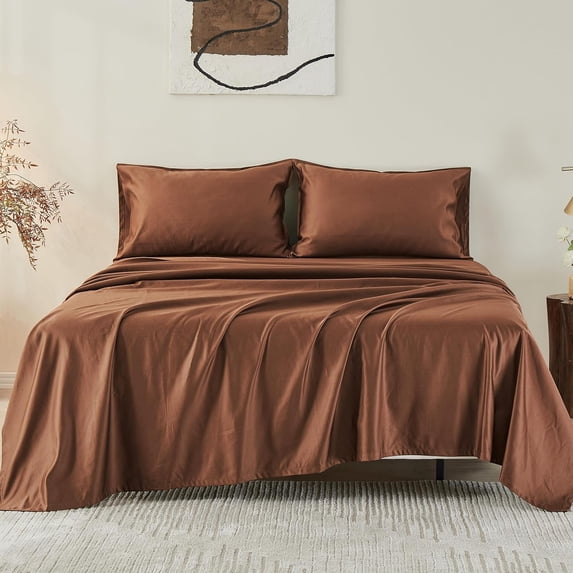 Simple&Opulence 100% Cotton 1000 Thread Count King Sheets -4 Pc Long Staple Pure Soft Sateen Weave Set-16” Deep Pocket Cooling Luxurious Silky Bed Sheet(Coffee, King)