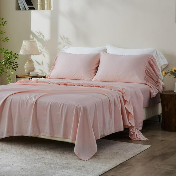 Simple&Opulence 100% Cotton Bed Sheet Set Cute Back to School Bedding with Long Ruffles (1 Flat Sheet, 1 Fitted Sheet and 2 Ruffled Pillowcases) - Pink, Full
