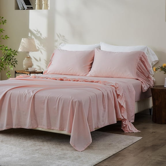 Simple&Opulence 100% Cotton Bed Sheet Set Cute Back to School Bedding with Long Ruffles (1 Flat Sheet, 1 Fitted Sheet and 2 Ruffled Pillowcases) - Pink, Queen