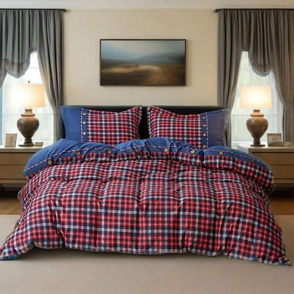Simple&Opulence 100% Cotton Buffalo Check Plaid Printed Duvet Cover Set, 3 Piece Bedding Set Including 1 Comforter Cover and 2 Pillow Shams, Soft and Comfortable (Queen,Red)