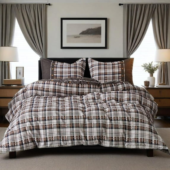 Simple&Opulence 100% Cotton Buffalo Check Plaid Printed Duvet Cover Set, 3 Piece Bedding Set Including 1 Comforter Cover and 2 Pillow Shams, Soft and Comfortable (King,Coffee)