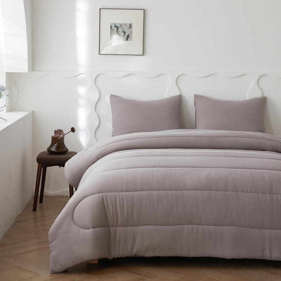 Simple&Opulence 100% Cotton Muslin Comforter Set Queen Size 88x92”, 3PCS Gauze Comforter for Queen Bed, Soft Lightweight All Seasons Bedding Sets with 2 Pillowcases(Grey-Brown,Queen)